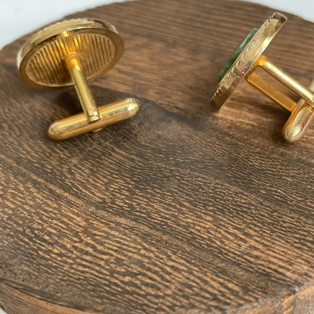 Vintage Green Green Gemstone Gold Tone Cuff Links